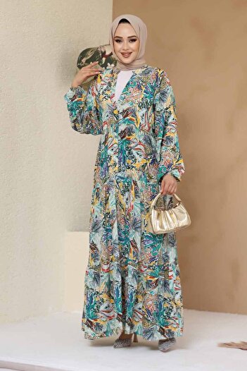 Neva Style Floral Patterned Yellow Hijab Dress 235805 Sr