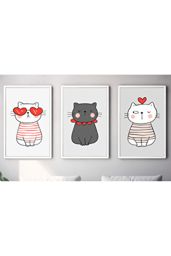 Hiras Dizayn 3-Piece Poster Set Love Heart Cats Living Room Decorative Art Painting in 3 Sizes Frameless Wall Decor