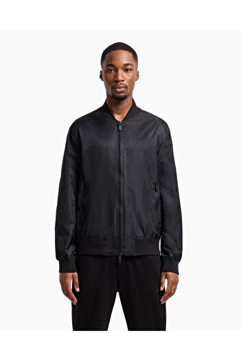 Armani Exchange Men's Regular Fit Stand Collar Back Fuzzy Logo Detailed Satin Bomber Black Jacket Xm 000195   Af12011-Uc00