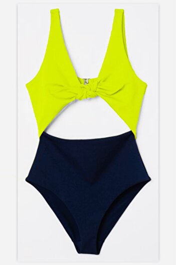 DEEP BEACH Db20097m Black Neon Yellow Open Front Bow Covered Swimsuit