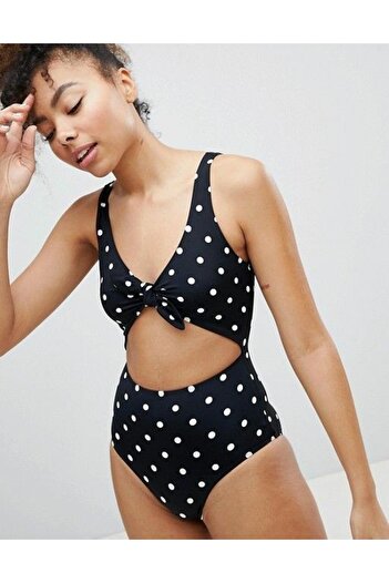 DEEP BEACH Black and White Polka Dot Open Front Bow Covered Swimsuit Db20097m