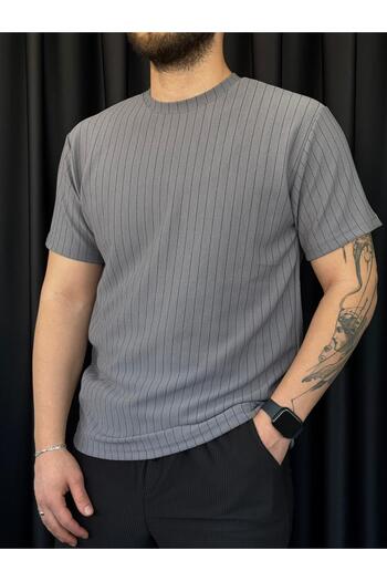 Altamira Men's Light Gray Line Detailed Crew Neck Crepe T-Shirt