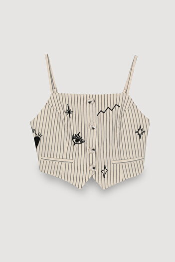 Quzu Beige Detailed and Embroidered Blouse with Hanging Buttons