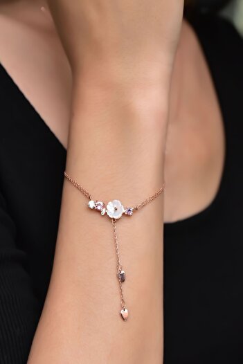Papatya Silver 925 Ayar Gümüş Rose Kaplama Zincir Sallantılı Taşlı Sedef Manolya Çiçeği Bileklik