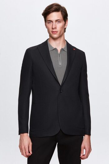 Twn Black Slim Fit Flying Blazer - Dobby Fabric Jacket