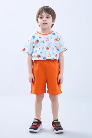Perendi Boys Shorts Set - Octopus Print Short Sleeve T-Shirt & Orange Shorts - Summer Outfit