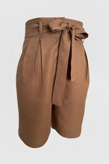 Ravencia Brown Women's Shorts - 100% Cotton, Pleated and Belted