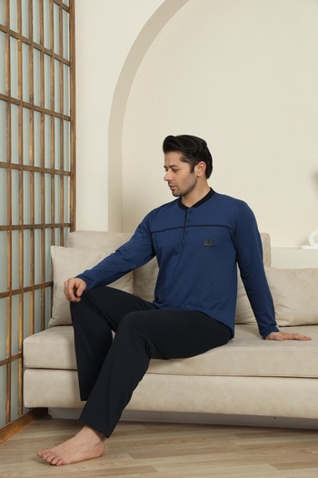 MODAREYA Εποχιακό μακρυμάνικο Indigo Color Placket Ανδρικό Σετ Πιτζάμες με κουμπιά