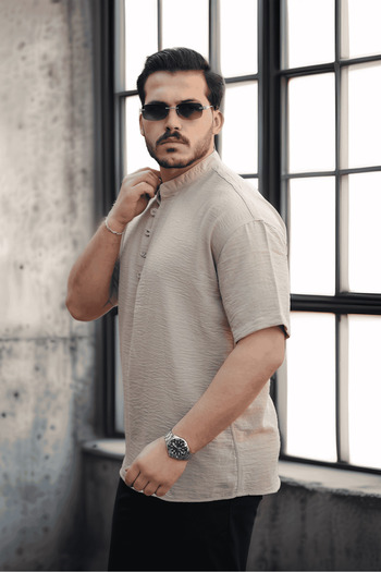Valiberta Wes Oversize Half Placket Bamboo κοντομάνικο πουκάμισο - Μπεζ