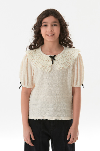 Fulla Moda Baby Collar Girl's Blouse with Bow and Lace Detail