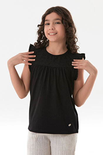 Fulla Moda Girl's Blouse with Ruffled Sleeves and Floral Embroidery