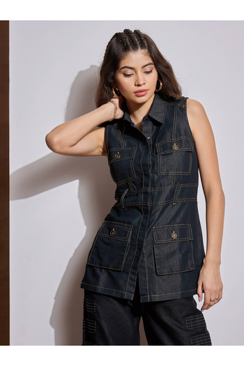 Sassafras By Styli Solid Sleeveless Top with Pocket Detail