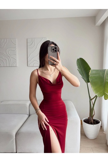 Zoom Butik Askılı Derin Yırtmaç Elbise - BORDO