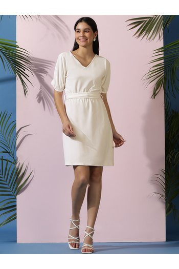 Kotty By Styli V Neck Puff Sleeves A-Line Mini Dress
