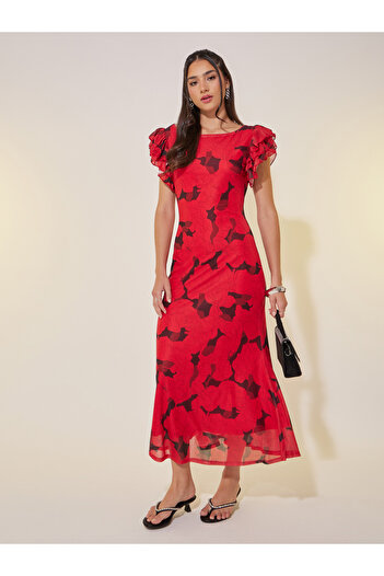 Take Two By Styli Flower pictures sleeves irregular ruffles Midi Dress
