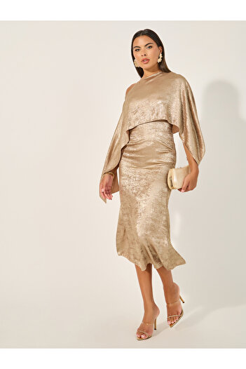 Causey By Styli One Shoulder Neck Cape Sleeve Midi Dress