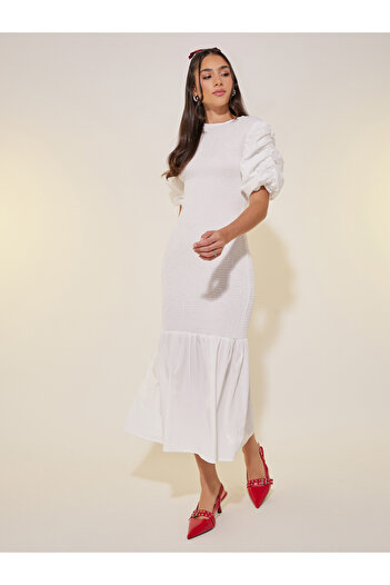 Take Two By Styli Smocked Ruched Sleeves Sheath Midi Dress