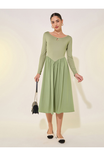 Take Two By Styli Solid Long Sleeve Gathered Detail Midi Dress