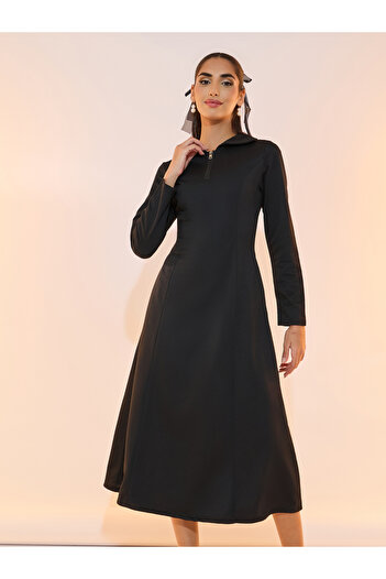 Take Two By Styli Half Zip Placket Collared A-Line Midi Dress
