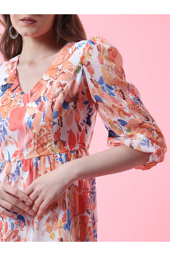 Mish By Styli Floral Print V Neck A-Line Midi Dress