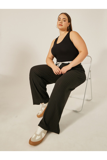 Styli Plus Size Striped High Rise Wide Leg Pants with Drawstring