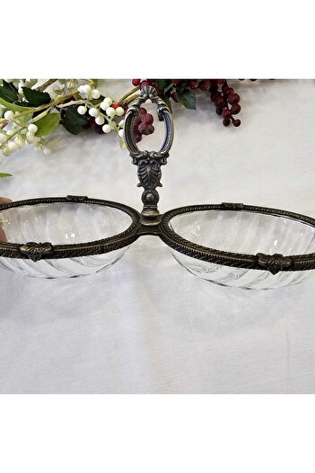 MaviDamla 2 Compartment Cast Metal Frame Snack Bowl with Gold Aged Detail