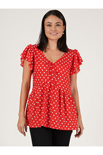 U&F By Styli Plus Polka Dot Print Tie-Up Neck Crepe Top