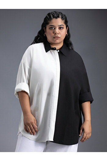 High Star By Styli Plus Size Color Block Collared Shirt with Side Slit Detail