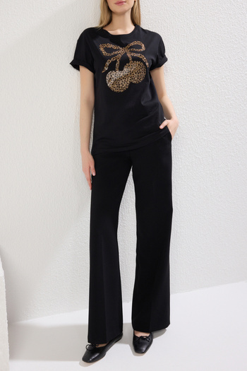 Edit by Trendyol Black Embroidery and Leopard Print Regular/Normal Fit Knitted T-Shirt Tedss25Ts00001