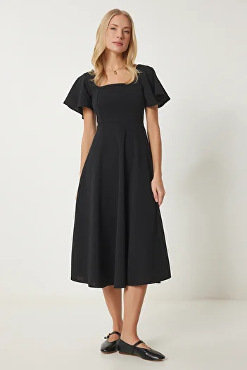 Happiness İstanbul Rochie neagră țesătă cu volan pentru femei UB00302