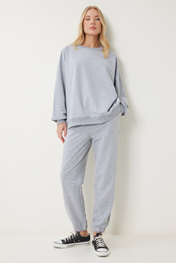 Happiness İstanbul Γυναικείο Σετ Πλεκτό Φούτερ Γκρι Melange Crew Neck Oversize FN03456