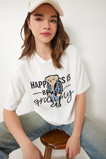 Happiness İstanbul Γυναικείο Πλεκτό T-Shirt Ecru Oversize CR00461