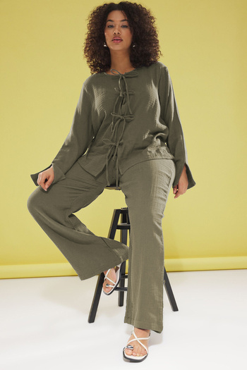 Trendyol Curve 100% Cotton Khaki Bottom-Top Suit Large Size Tbbss25Cp00009