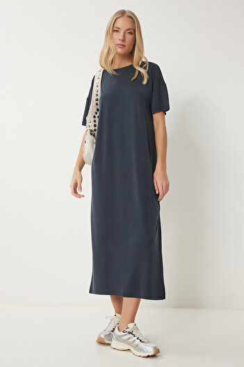 Happiness İstanbul Γυναικείο Ανθρακί Oversize Basic Καλοκαιρινό Πλεκτό Φόρεμα UB00299