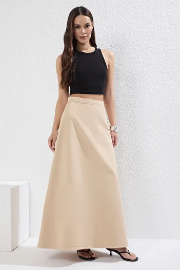 Trendyol Collection Beige Flounce Maxi Denim Skirt Twoss25Et00005