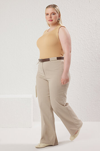 Trendyol Curve Beige Belt Woven Large Size Pants Tbbss25Ar00036