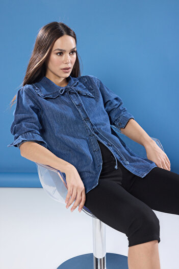 Trendyol Collection Cămașă din denim cu guler pentru bebeluși, albastru închis, cu șireturi TWOSS25GO00119