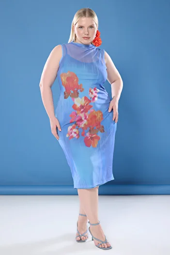 Trendyol Curve Blue Floral Printed Knitted Tulle Plus Size Dress Tbbss25Ah00117