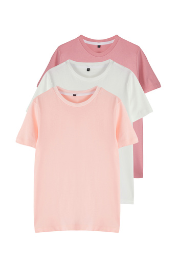 TRENDYOLKIDS Rose Dried-Powder-Ecru 3'Lü Girl 100% Cotton Basic Short Sleeve Knitted T-Shirt Tkdss25Ts00023
