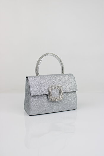 mossi Women's Silver Glitter Evening Dress Bag - Evening Dress Bag with Crystal Stone Buckle