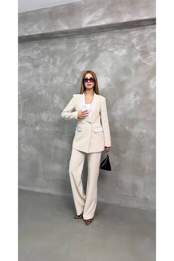 STMT BUTİK Κομψό Σετ Παντελόνι Blazer με Σατέν Λεπτομέρεια – Γυναικεία Μόδα