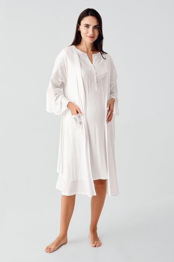 Artış Short Sleeve Buttoned Voile Detailed Flexible Viscous Maternity Dressing Gown Nightgown Set