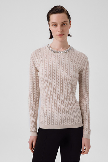 Triko Mısırlı Light Beige Collar Stone Embroidered Women's Sweater