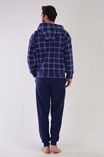 VİENETTA Vienetta Man Lacivert Erkek Polar Kapuşonlu Uzun Kollu Pijama Takımı