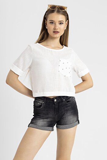 ŞİMAL Women's Pocket Stone Detailed Loose Blouse