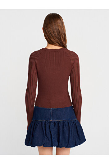Dilvin 60967 Crew Neck Corded Buttoned Slim Knitwear Cardigan-Brown
