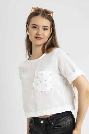 ŞİMAL Women's Pocket Stone Detailed Loose Blouse