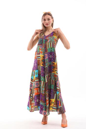 ŞİMAL Women's Rope Strap Ethnic Patterned Long Dress 250216 -