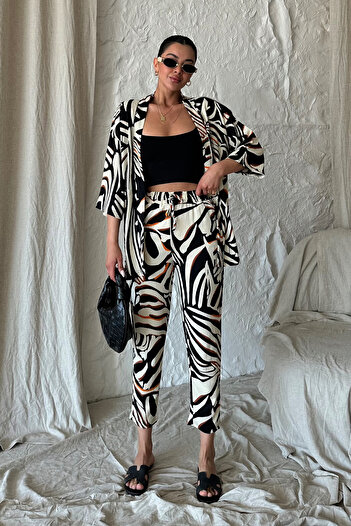 Know Women's Colorful Zebra Patterned Kimono Bottom and Top Set with Pants