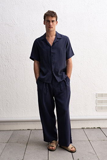 GIESTO Dark Blue Shirt with Draped Laces